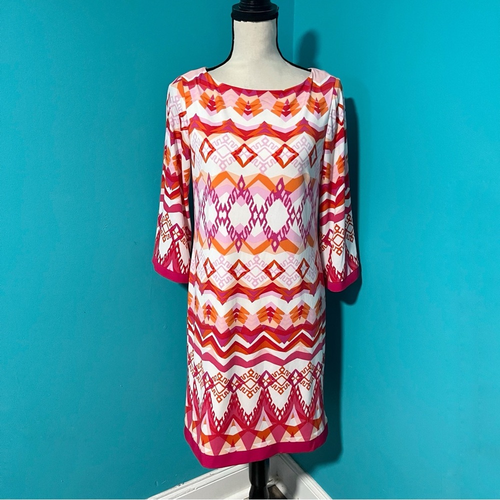 Eliza J 8 Pink Orange Print Jersey 3/4 Sleeve Shift Dress